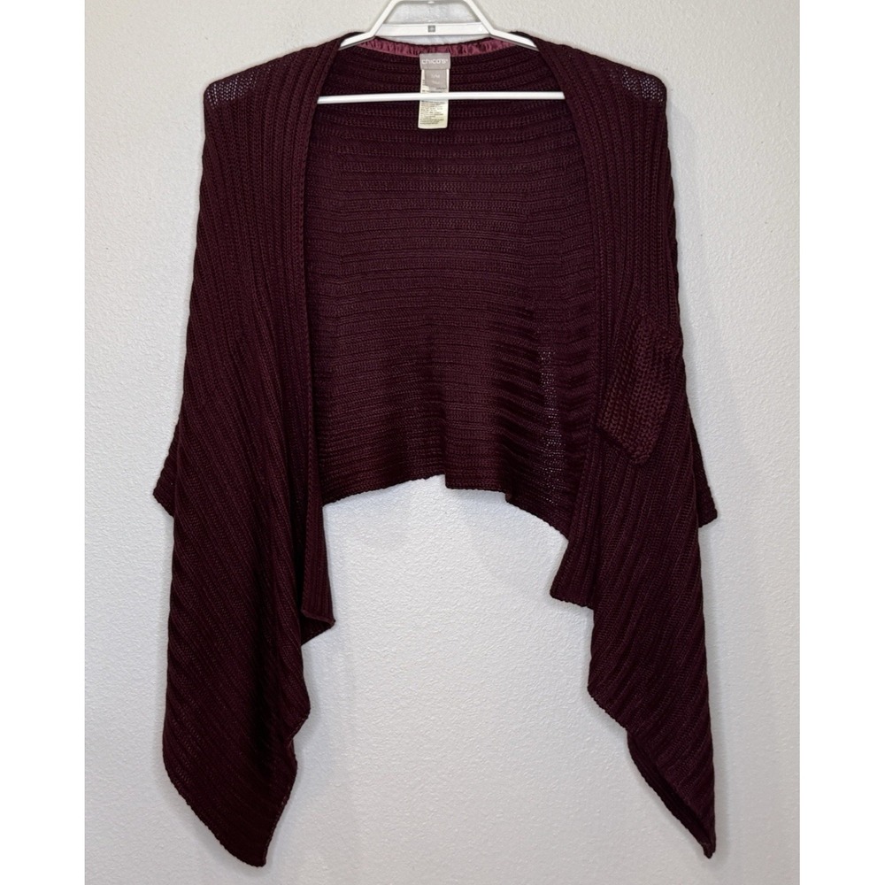 Chico's Sweater Shawl Womens Size Small/Medium Maroon Ribbed Knit Arm Holes